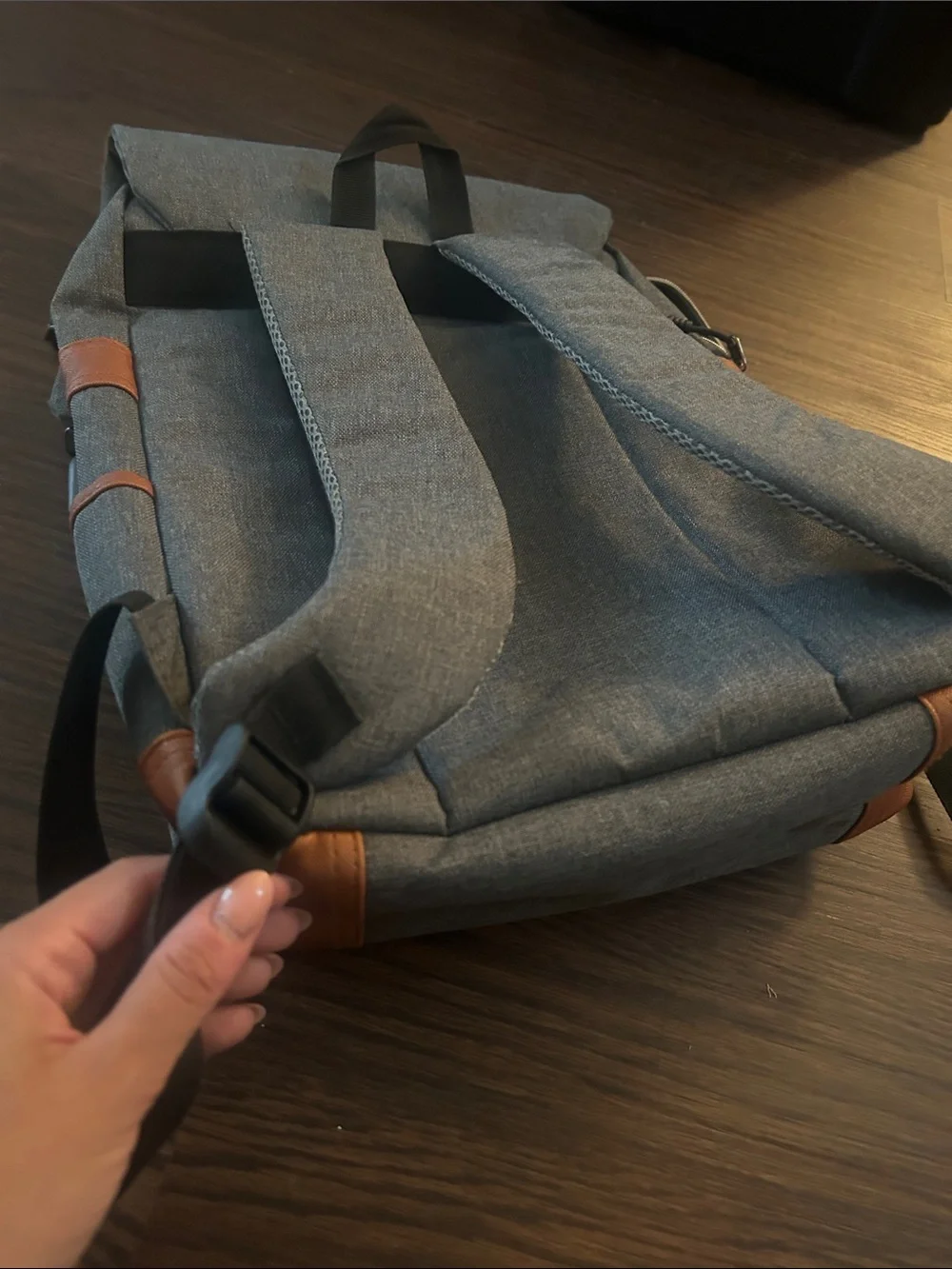 Gray Canvas Backpack with Tan / gold Accents with gold hardware - laptop